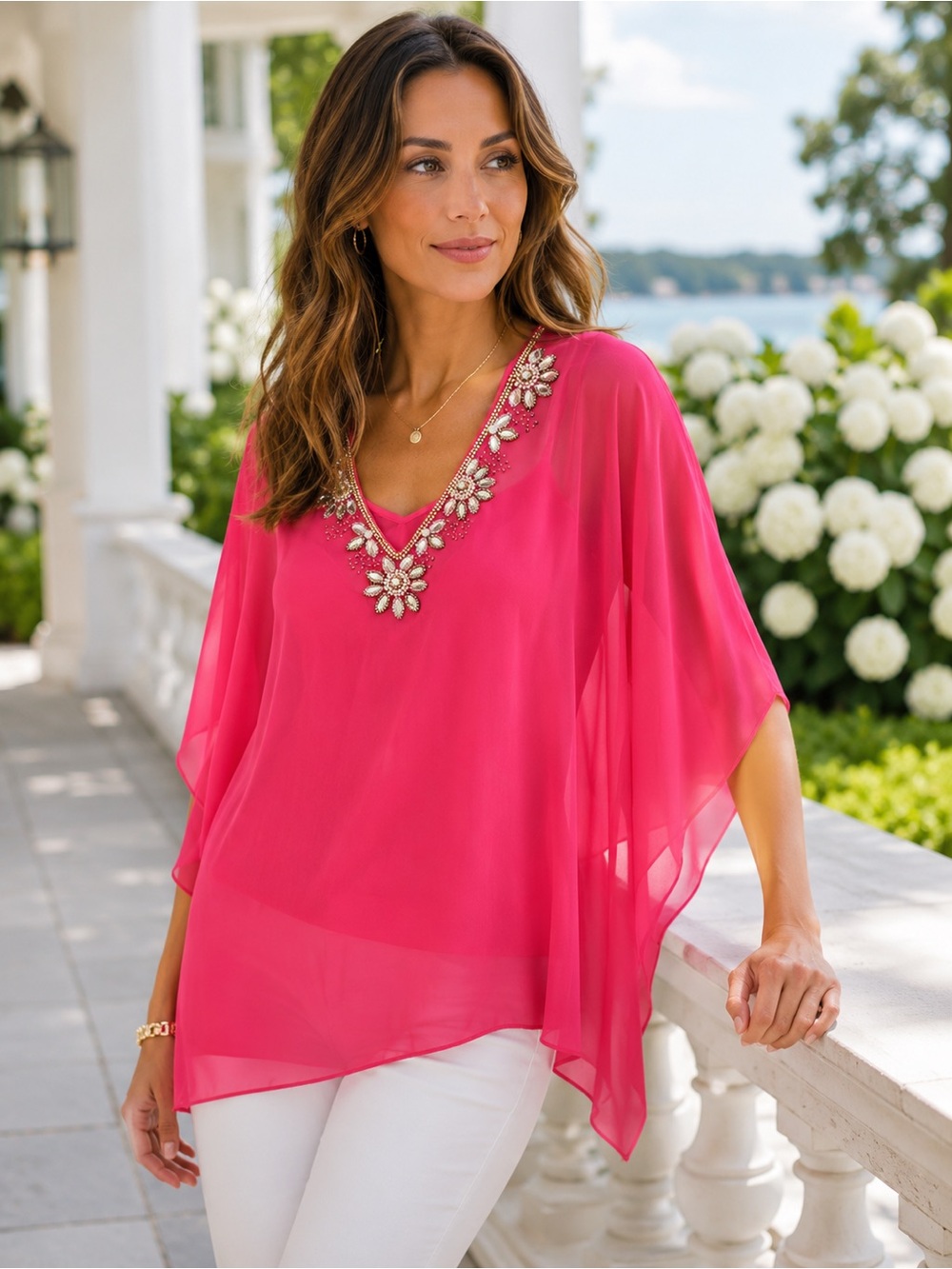 Chico’s Fuchsia Sheer Rhinestone Embellished Kaftan Tunic Blouse S/M Preppy EUC